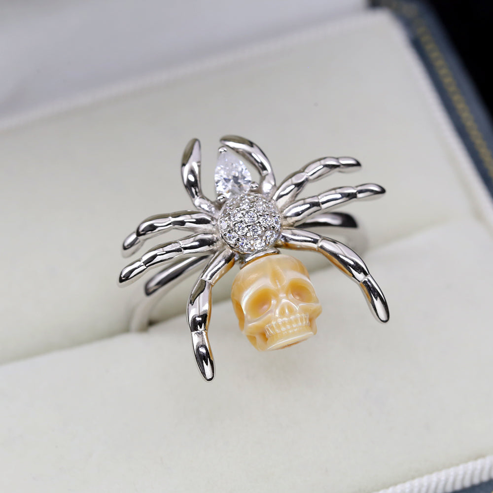 Pear Cut Stone Spider Pearl Skull Ring