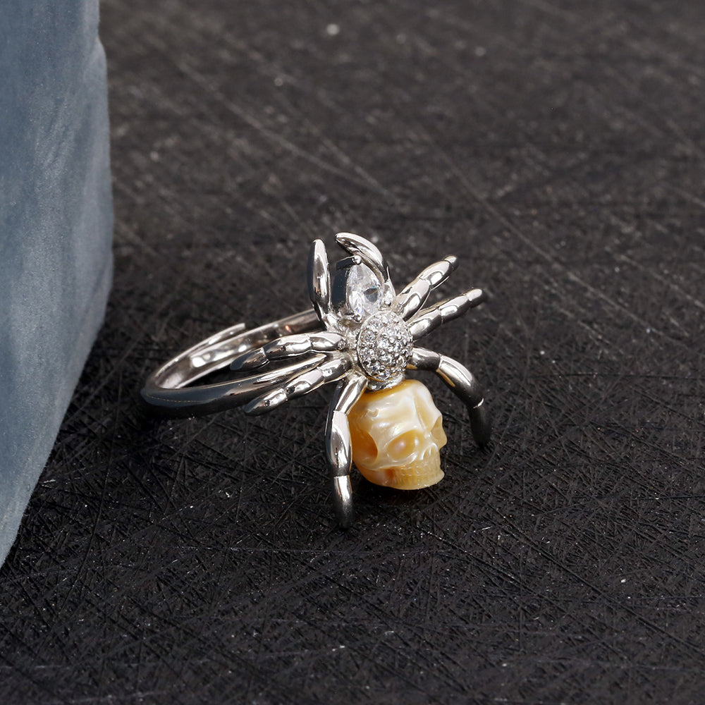 Pear Cut Stone Spider Pearl Skull Ring