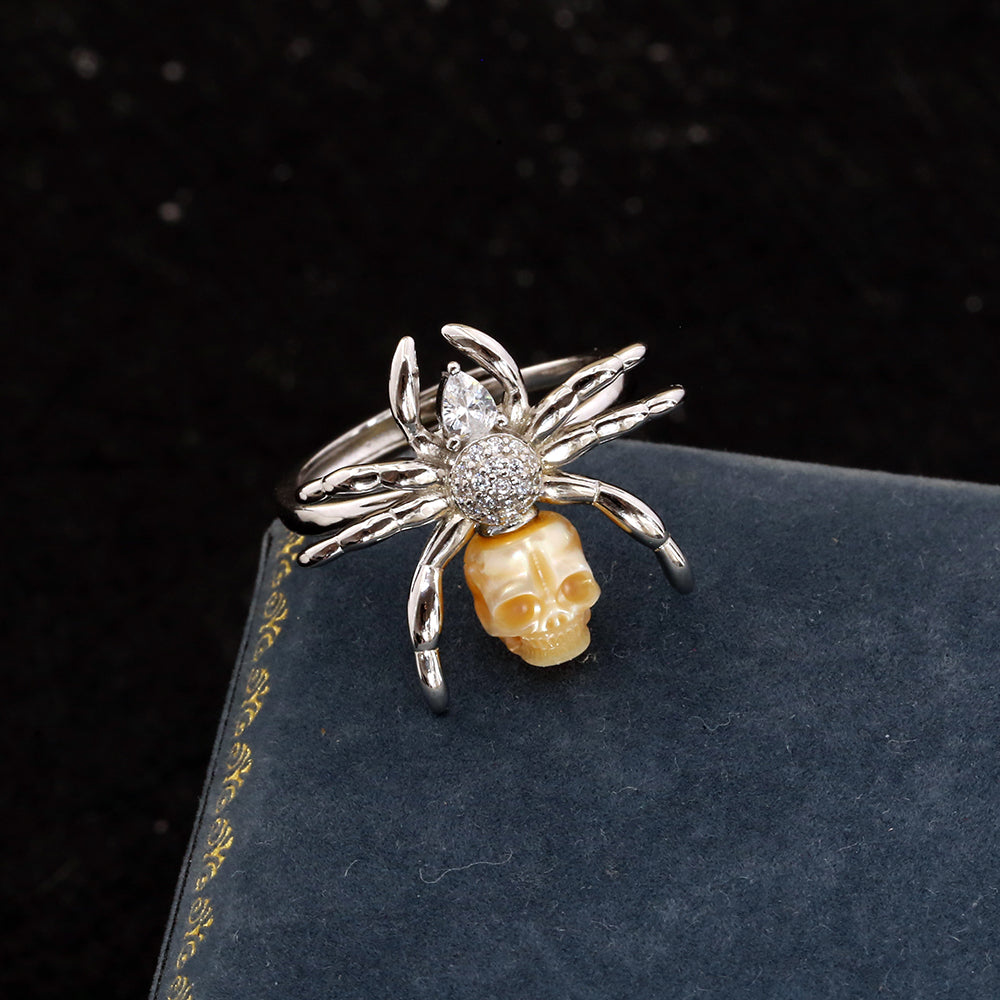 Pear Cut Stone Spider Pearl Skull Ring