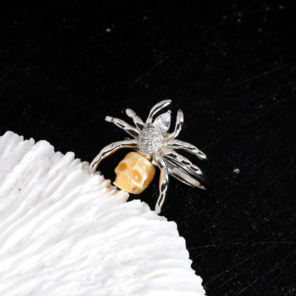 Pear Cut Stone Spider Pearl Skull Ring