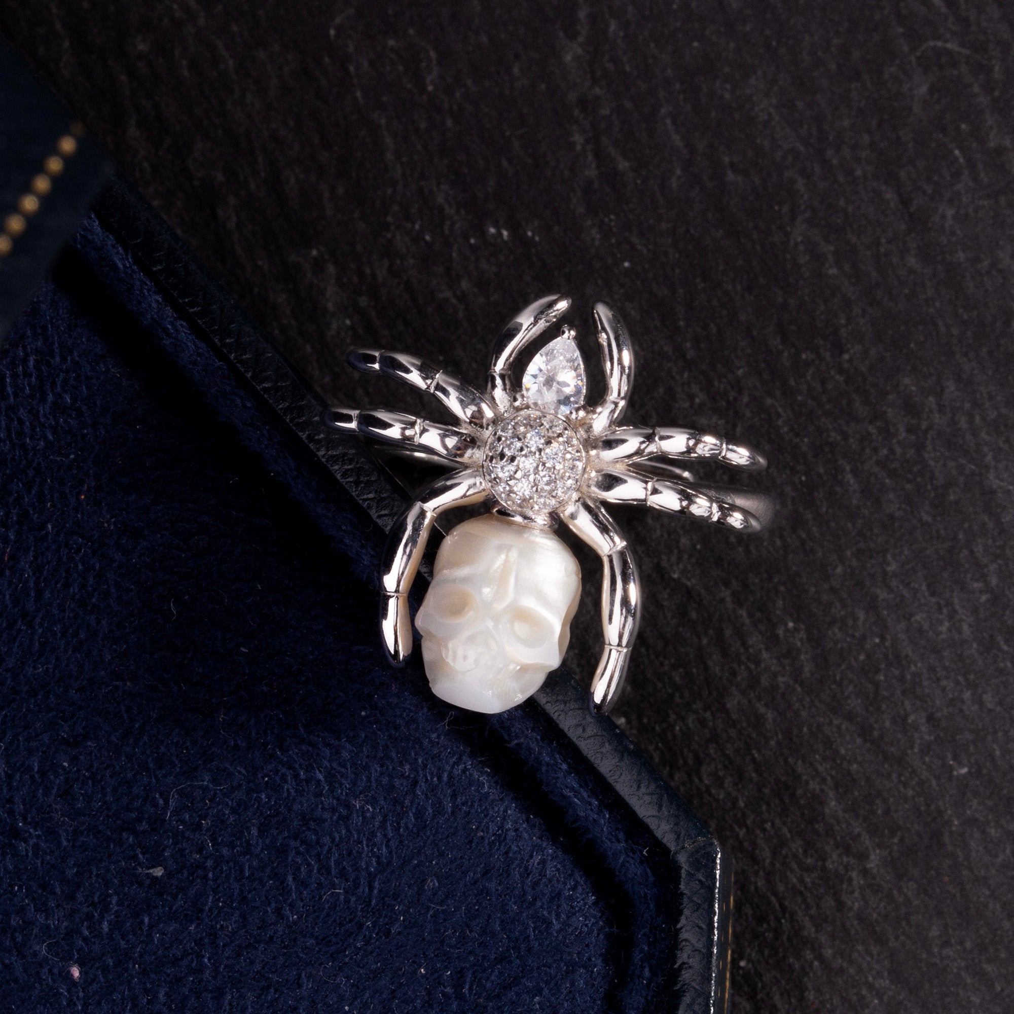 Pear Cut Stone Spider Pearl Skull Ring