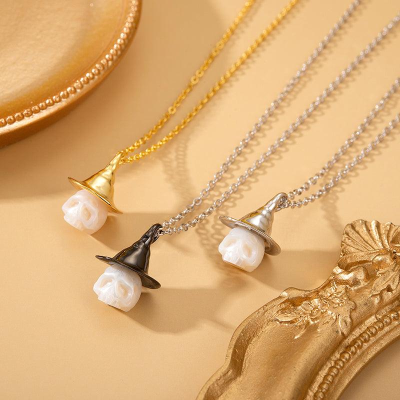 Pearl Carved Cranium Witch Hat Pendant - Belle Juri