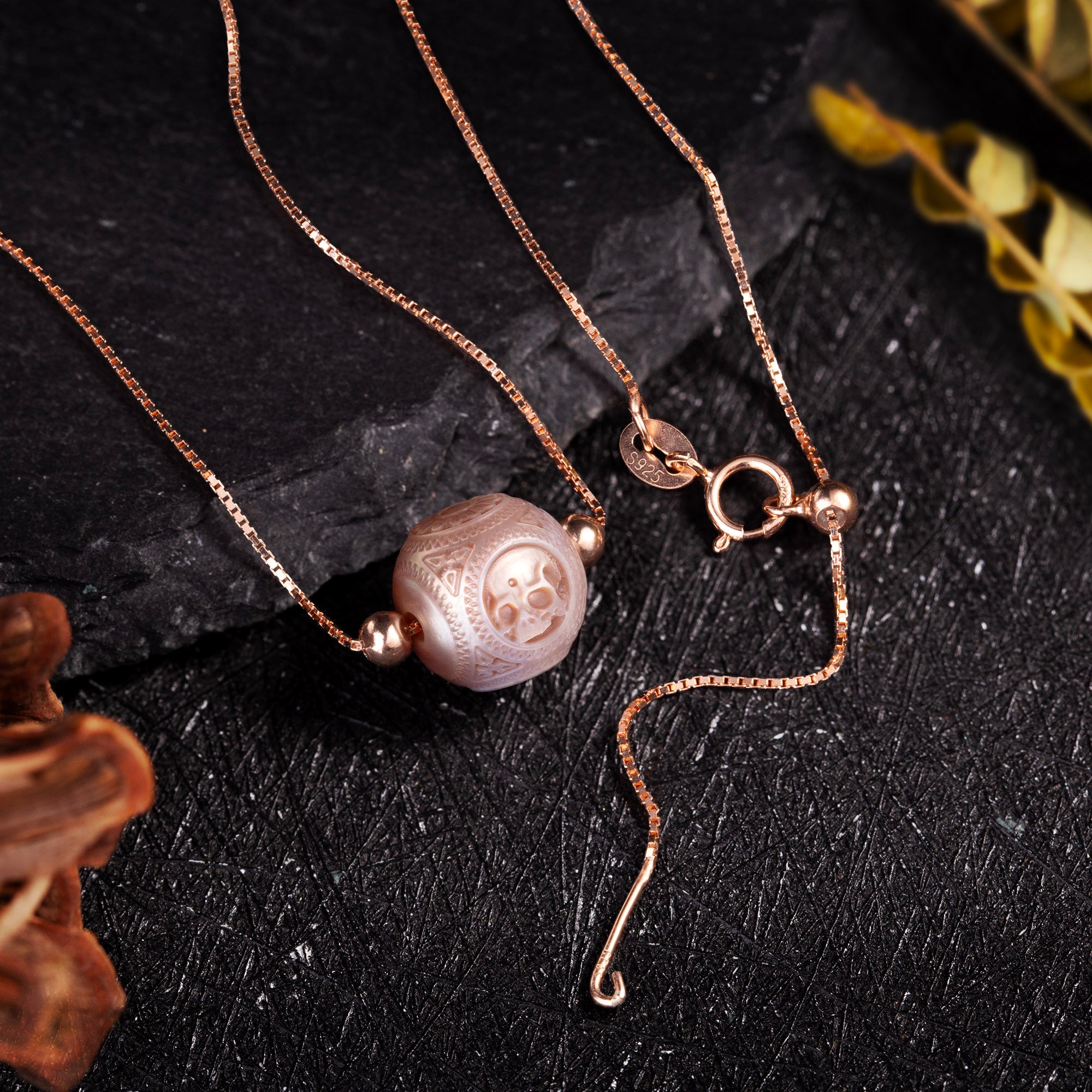 Pearl Carved Skull Round Bead Dainty Necklace