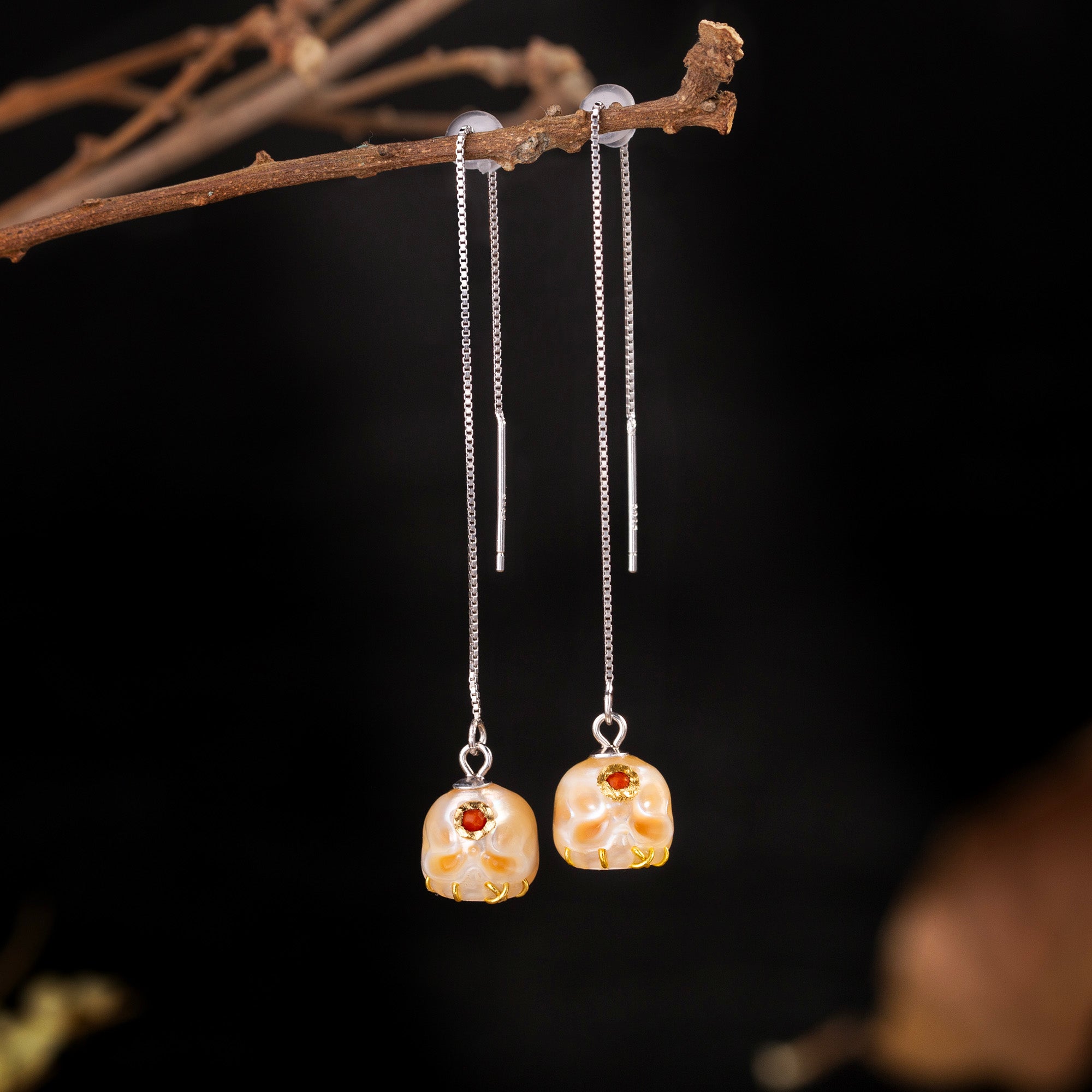 Pearl Carved Śmaśana Threader Earrings