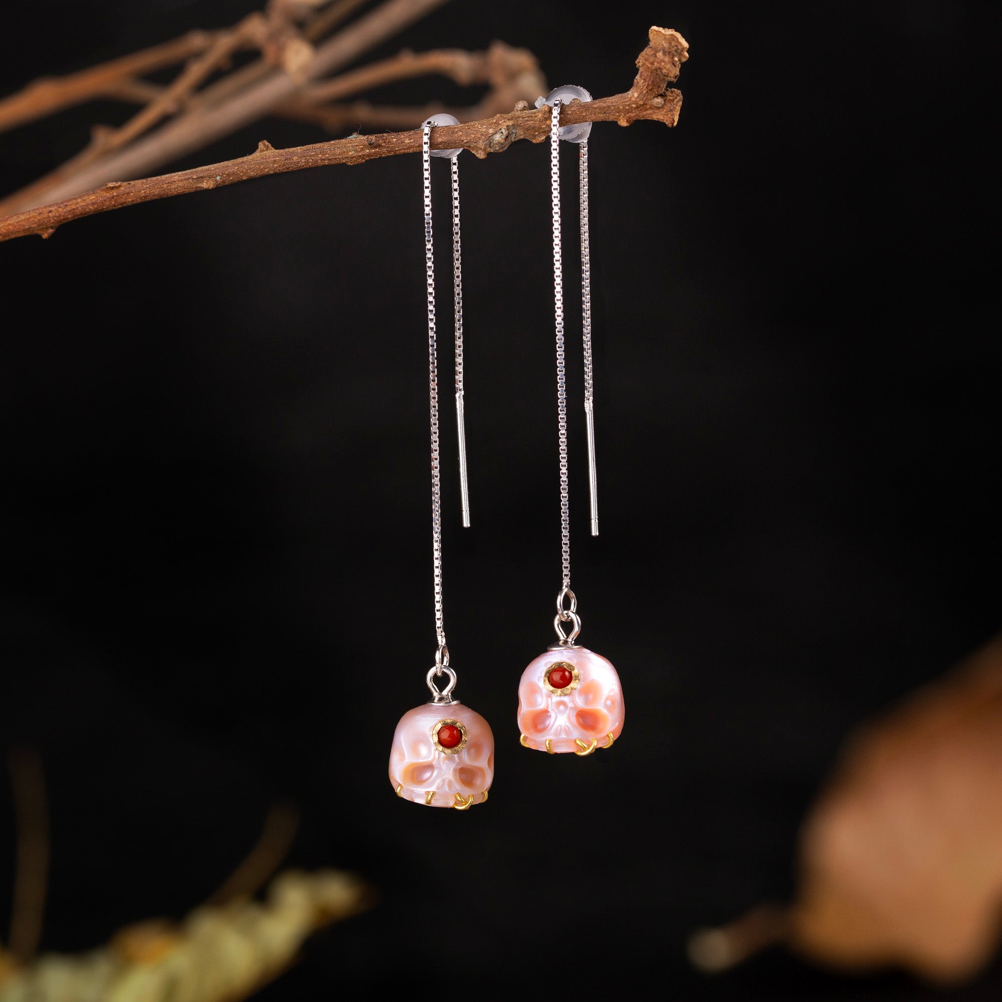 Pearl Carved Śmaśana Threader Earrings