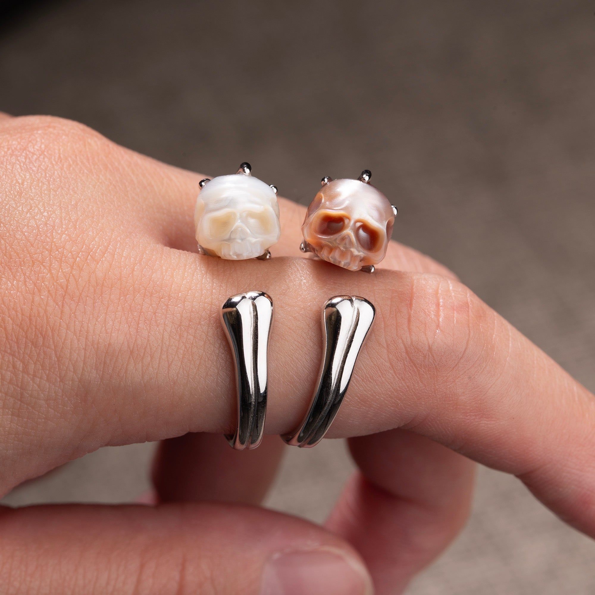 Pearl Cranium Skeleton Hand Bone Ring