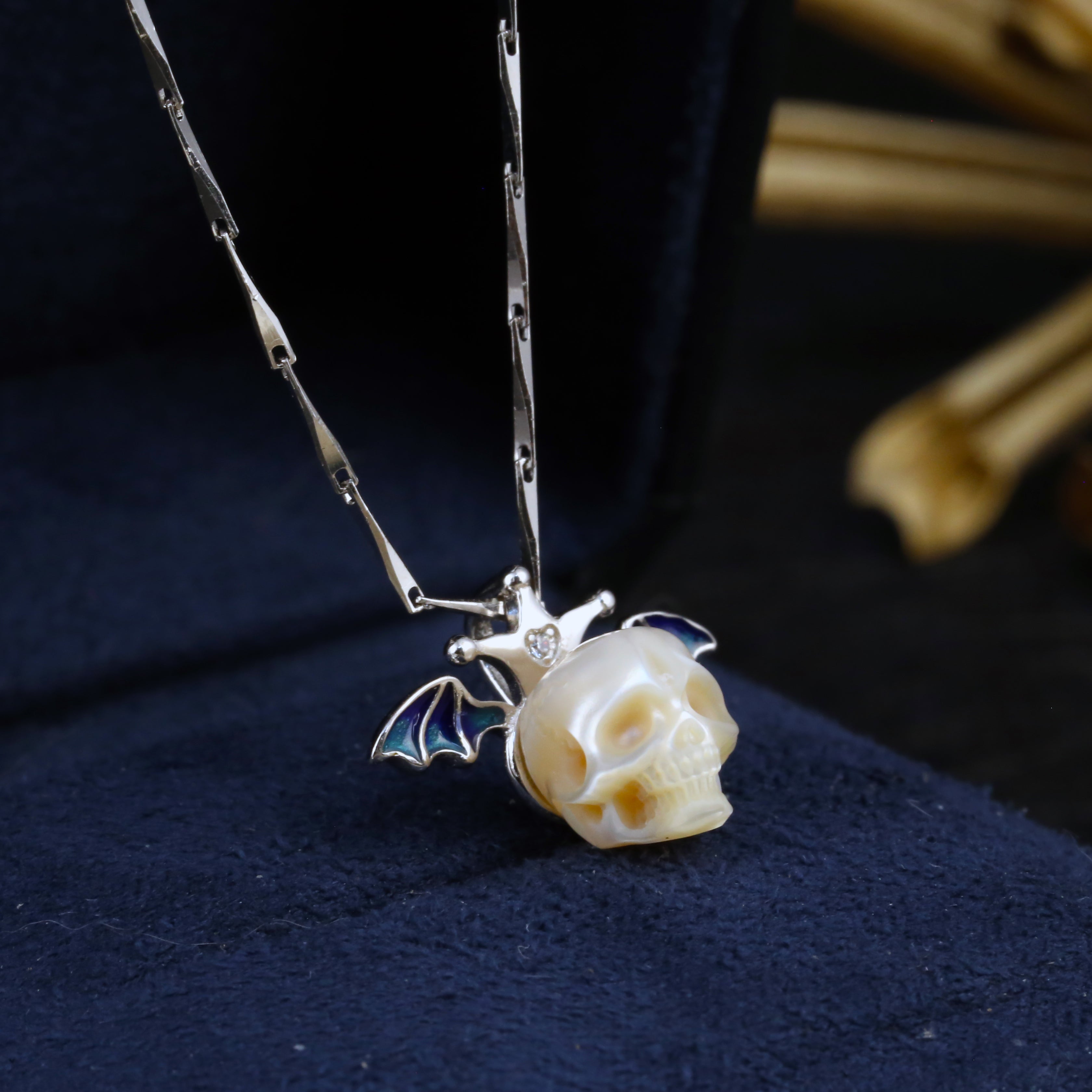 Pearl Skull Bat Melon Seed Chain Necklace