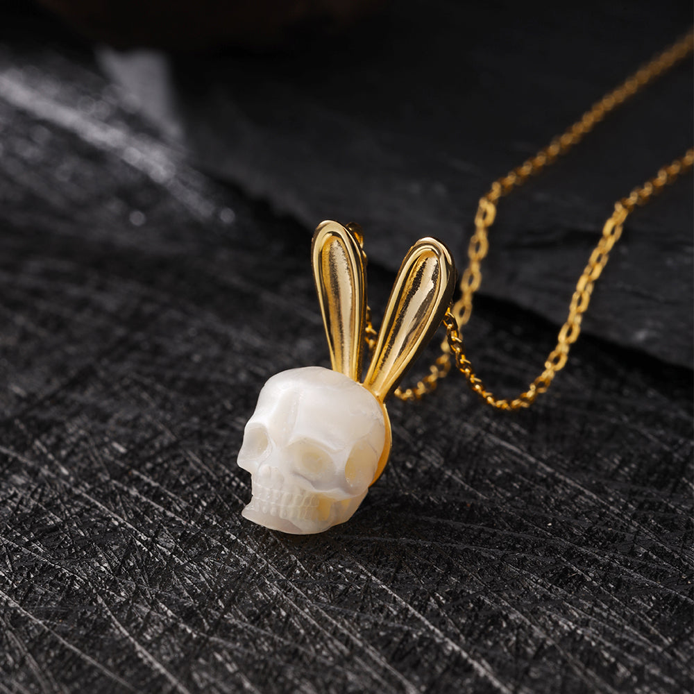 Pearl Skull Gold Bunny Ears Necklace