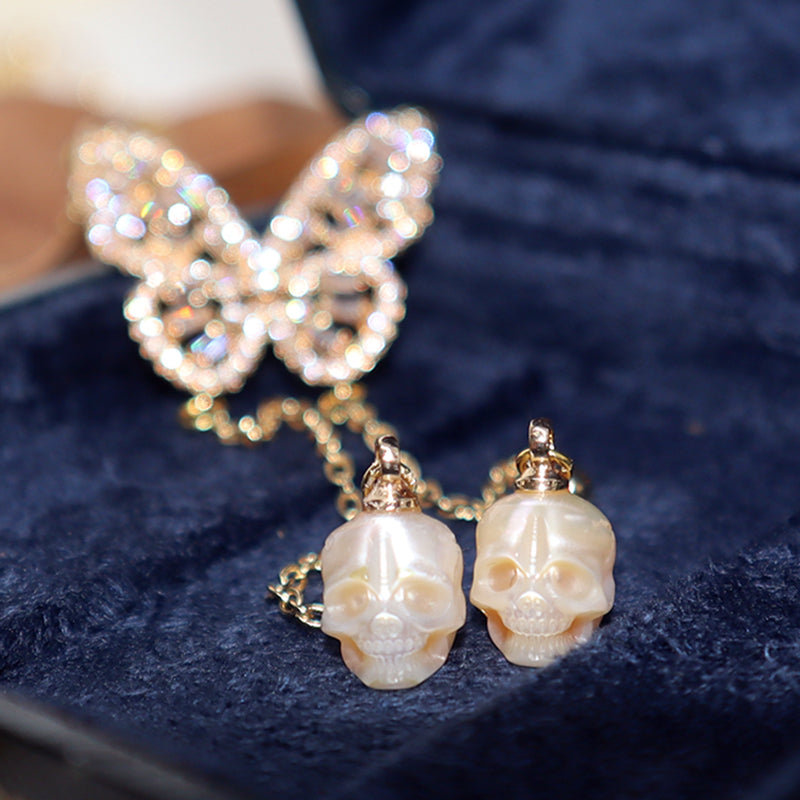 Golden Butterfly Gemstone Skull Pearl CZ Pendant Necklace