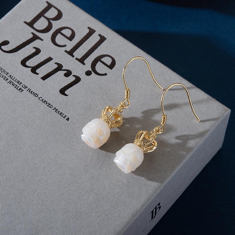 Pearl Skull Gold Crown Earrings - Belle Juri
