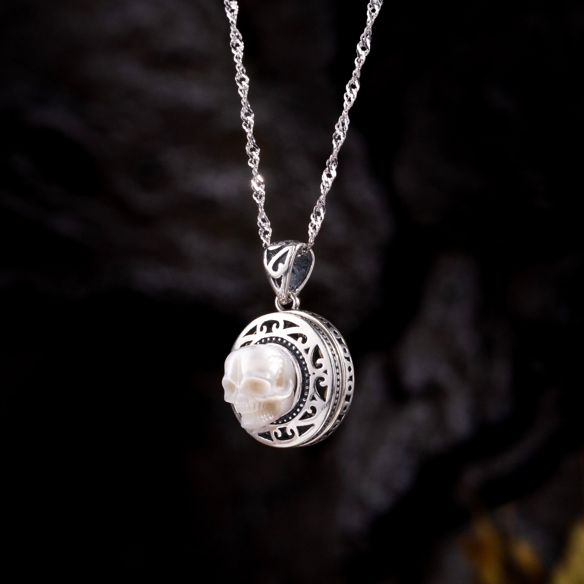 Pearl Skull Queen's Pillbox Locket Hollow Carved Necklace