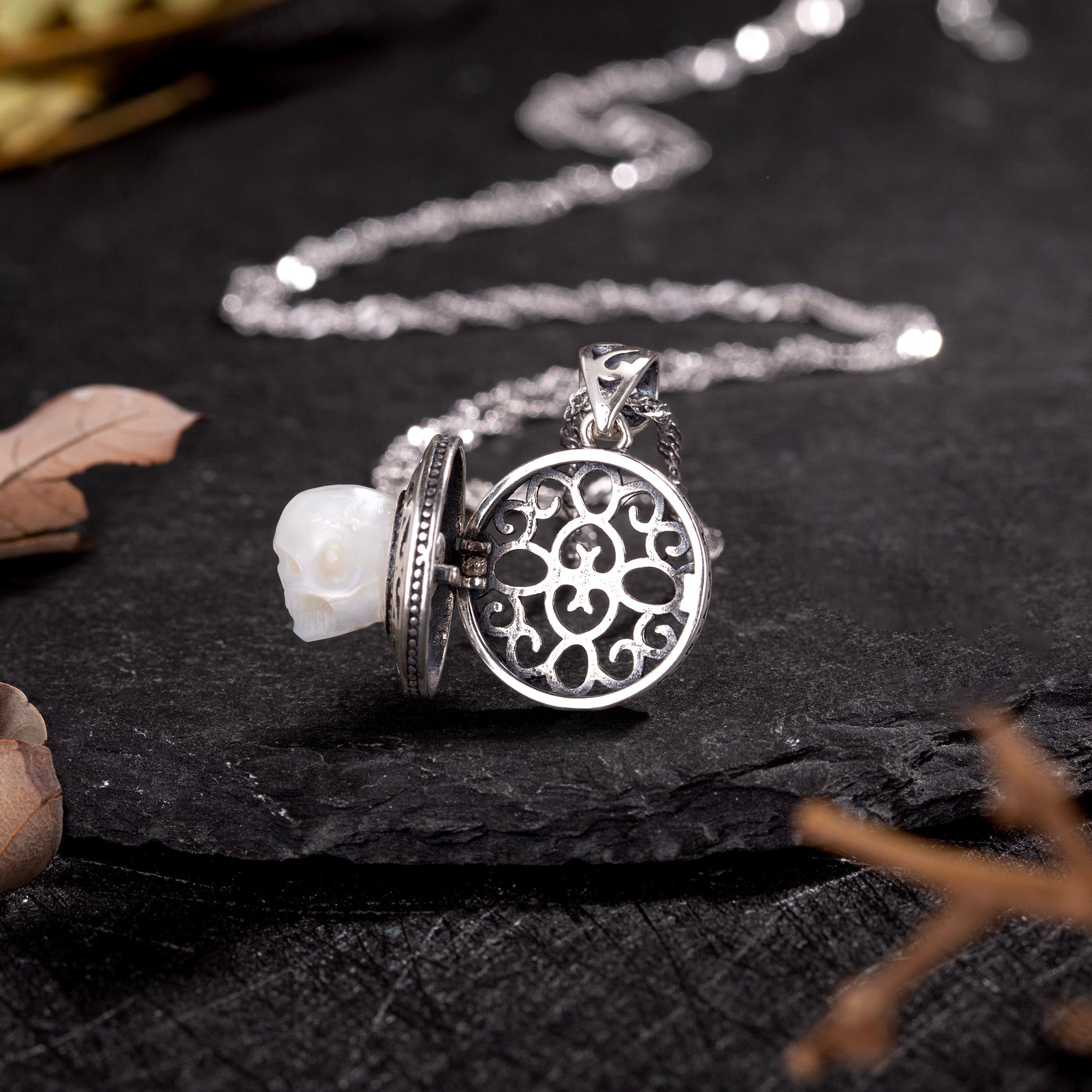 Pearl Skull Queen's Pillbox Locket Hollow Carved Necklace