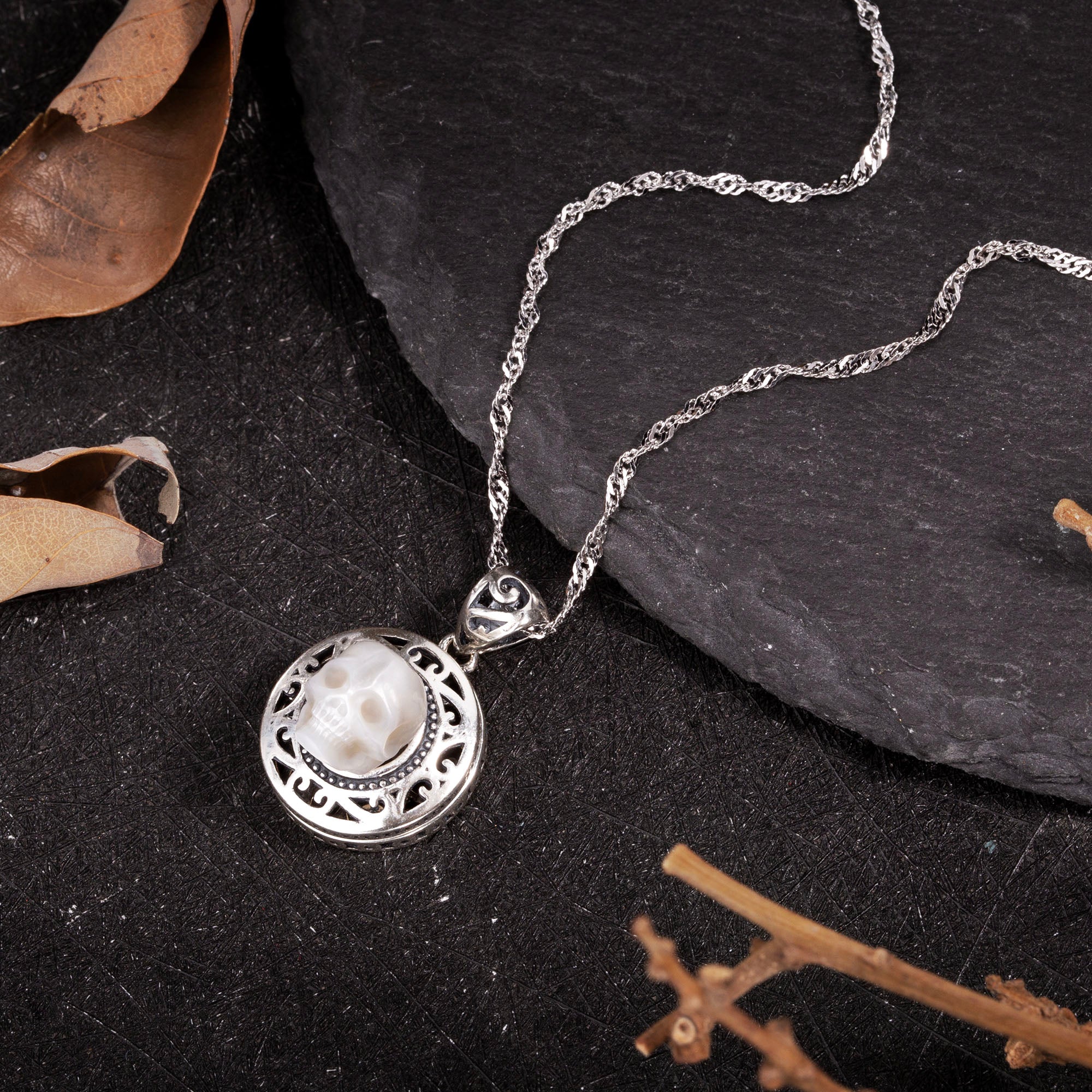 Pearl Skull Queen's Pillbox Locket Hollow Carved Necklace