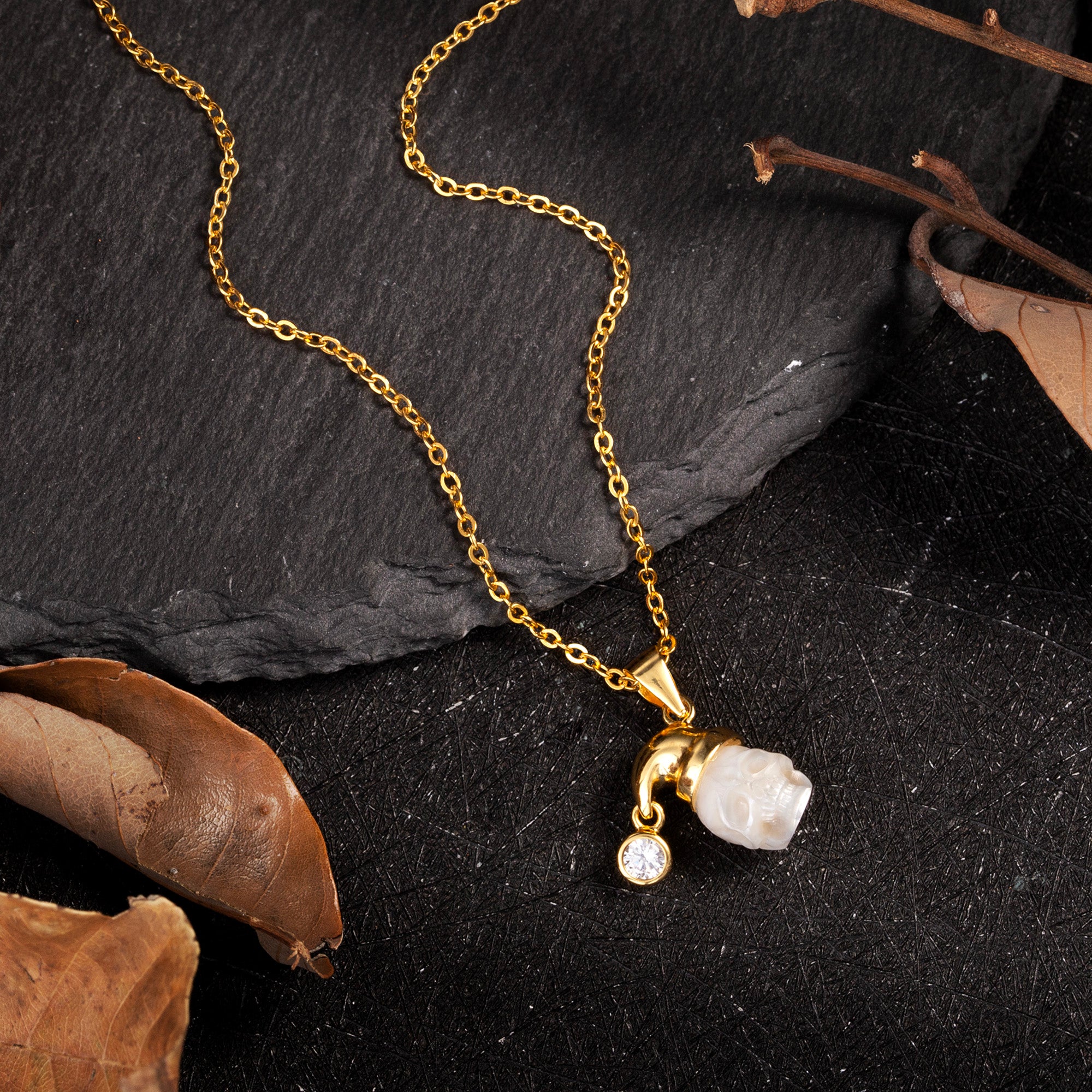 Pearl Skull Santa Hat CZ Pendant Necklace