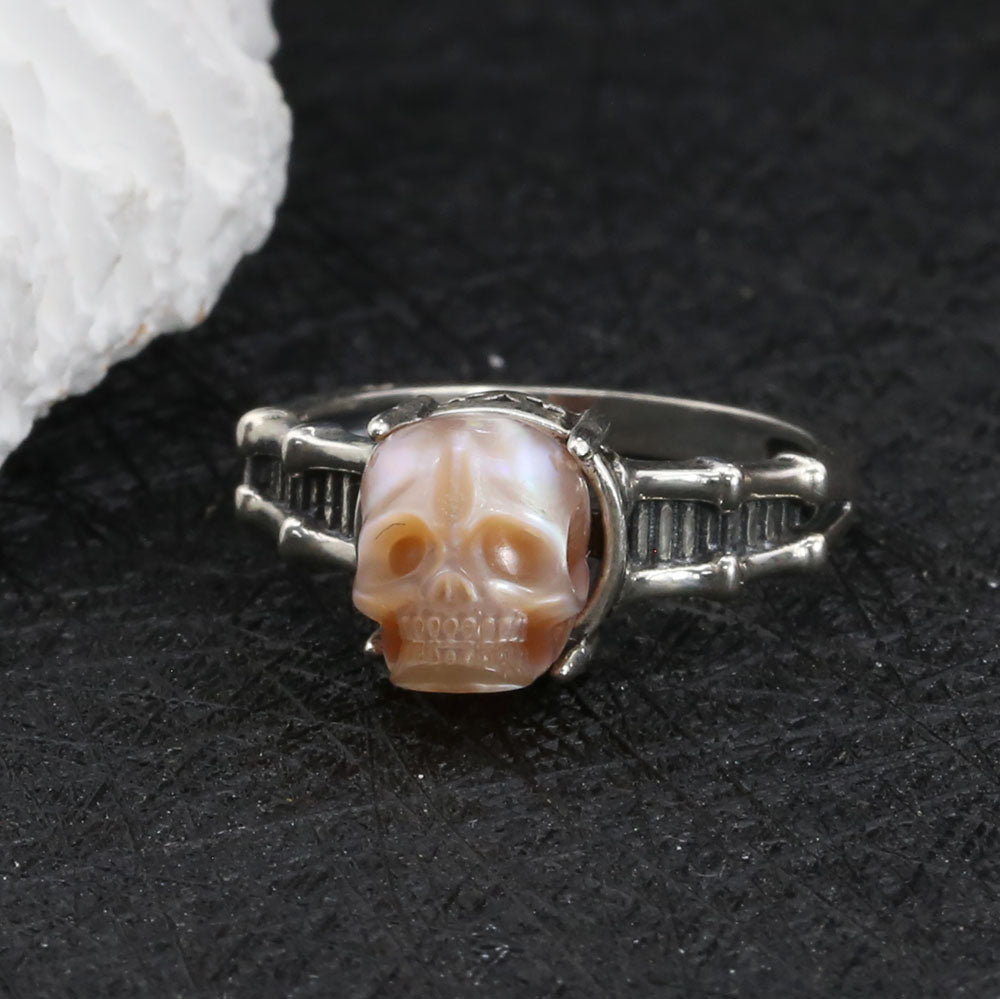 Pearl Skull Sterling Silver Spine Ring Band