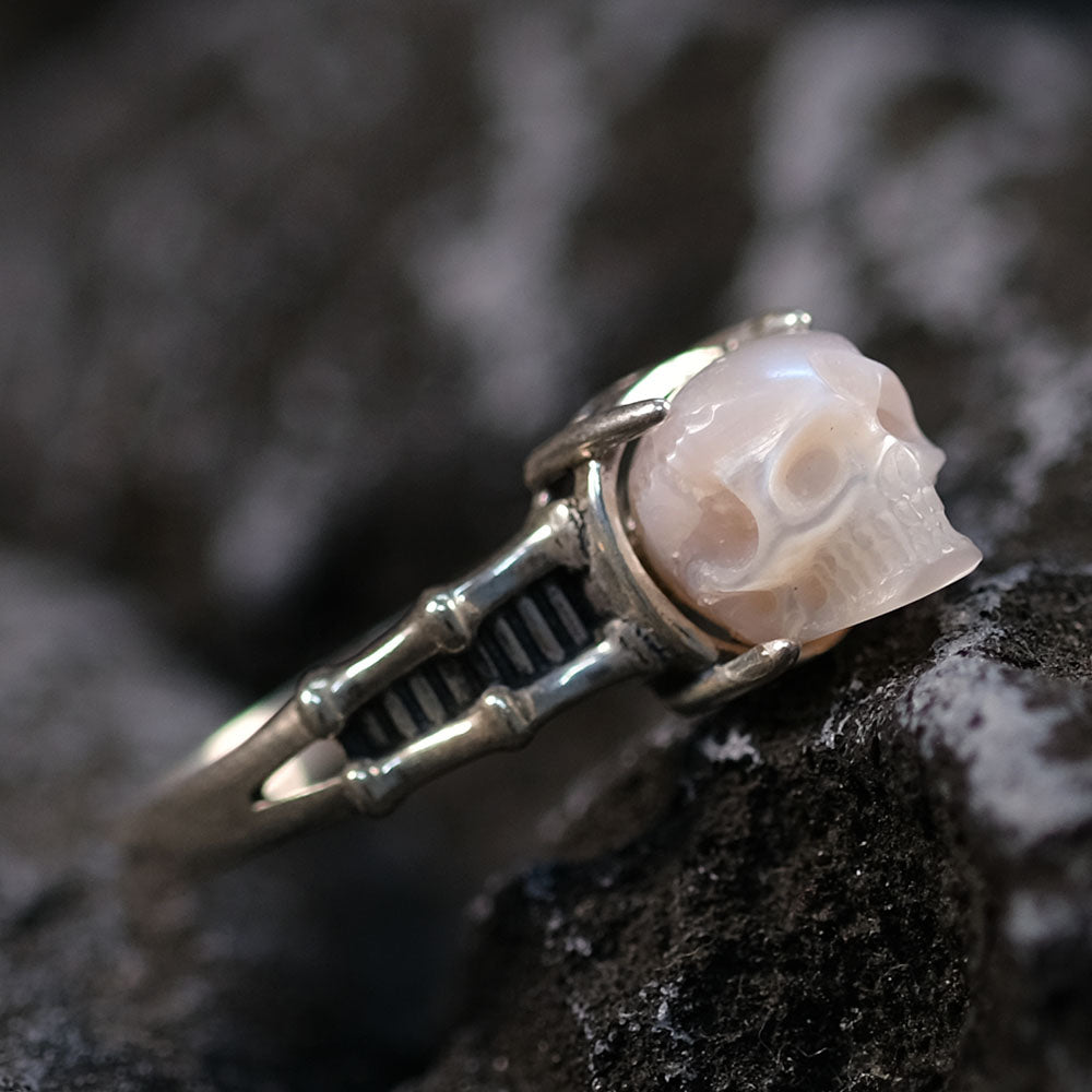 Pearl Skull Sterling Silver Spine Ring Band