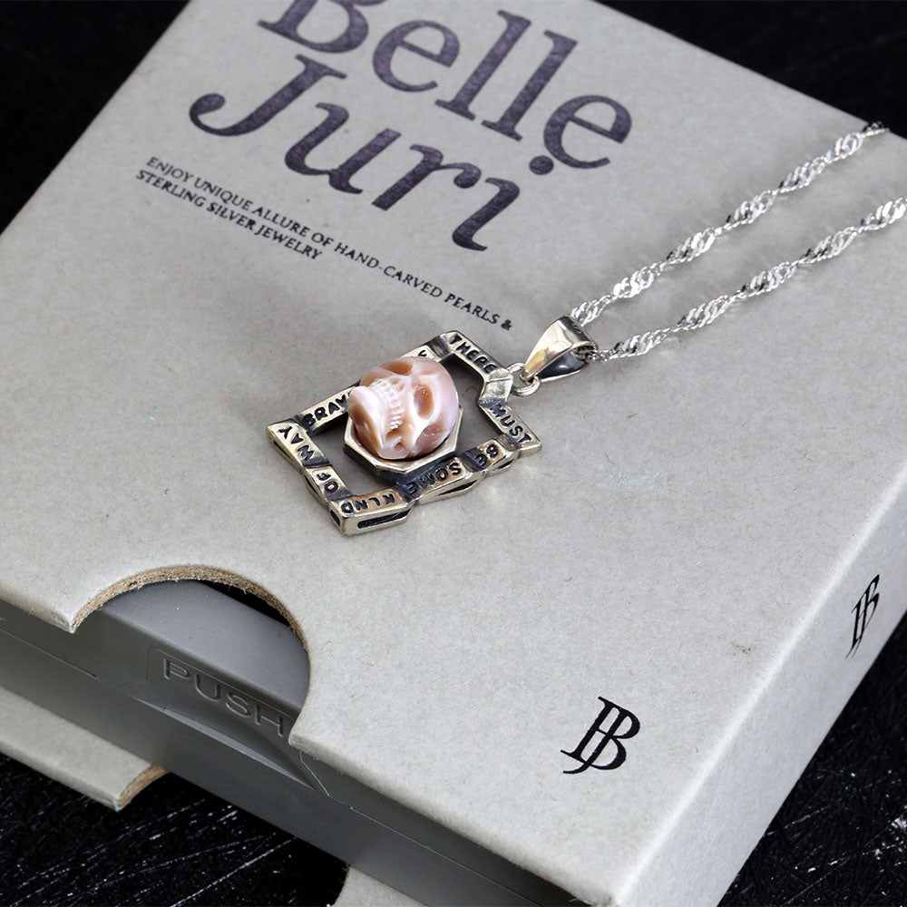 Pearl Skull Unique Square Inscription Engraved Necklace