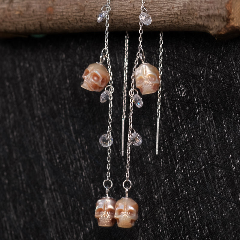 Pearl Skull With Zircon Ear Threader Earrings