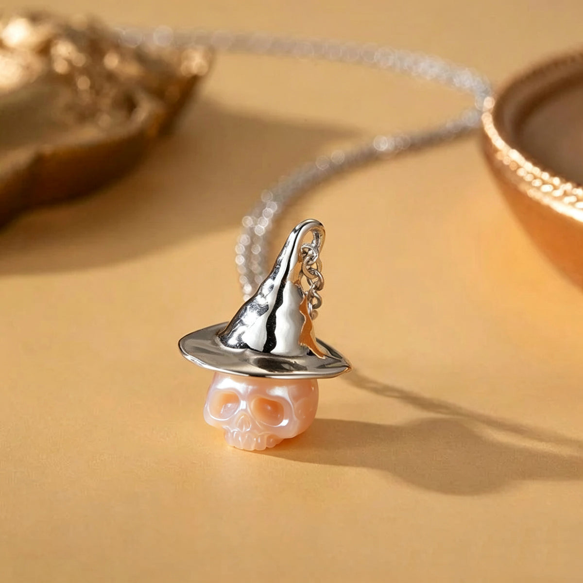 Pearl Carved Cranium Witch Hat Pendant