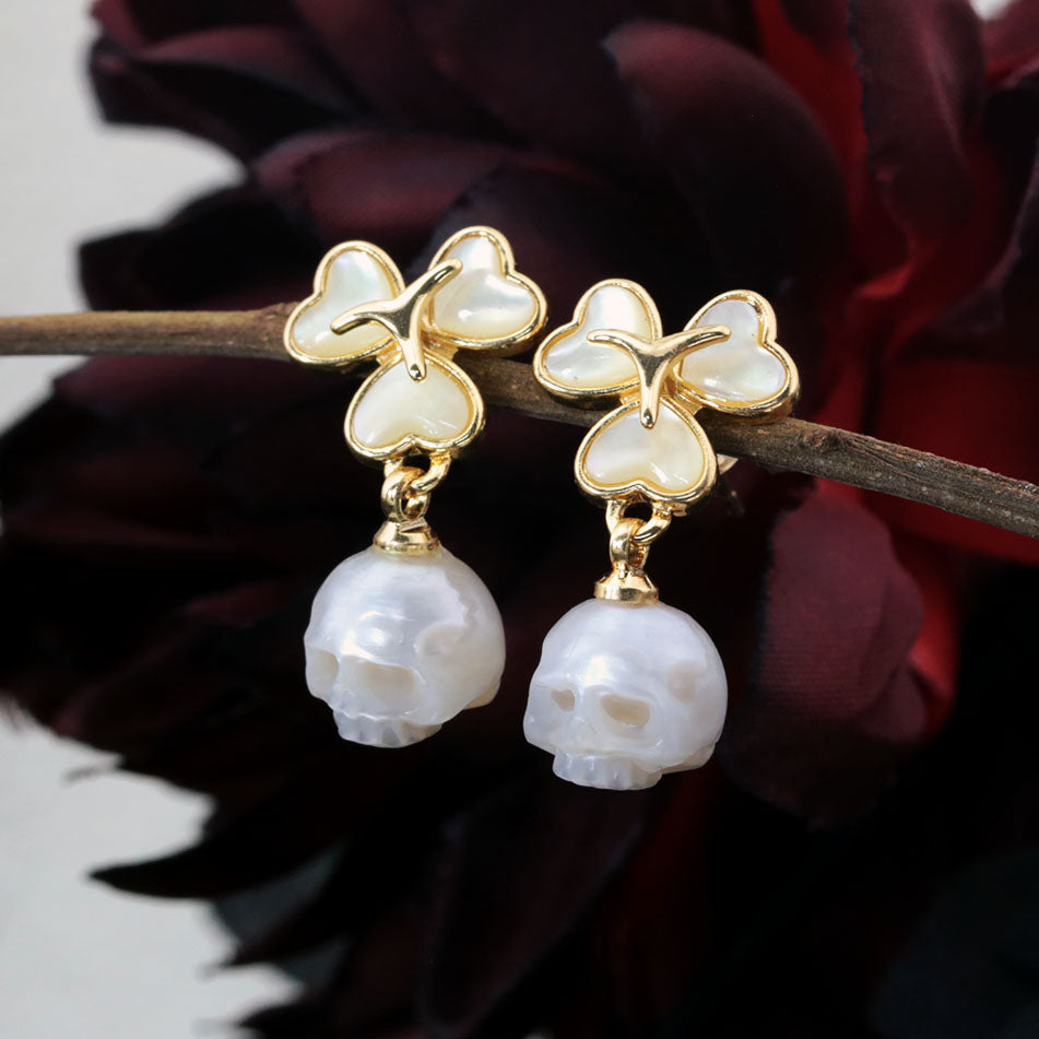 Pearl Cranium Three Leaf Clover Stud Earrings