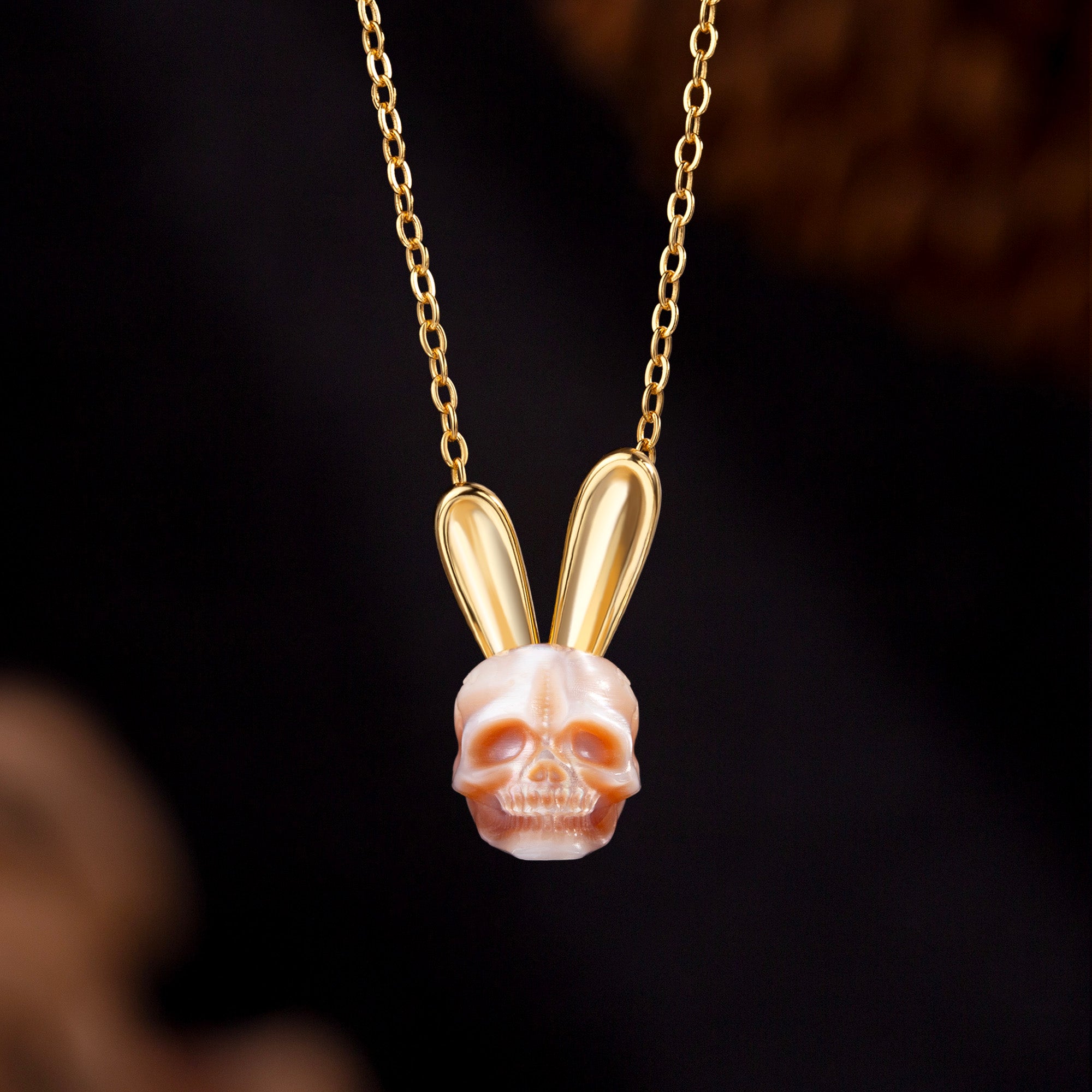 Pearl Skull Gold Bunny Ears Necklace-Belle Juri