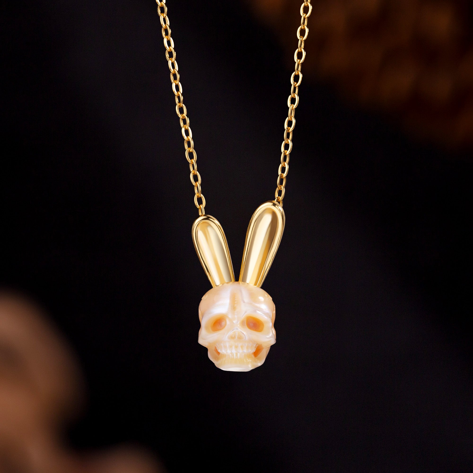 Perlenschädel Gold Hasenohren Halskette