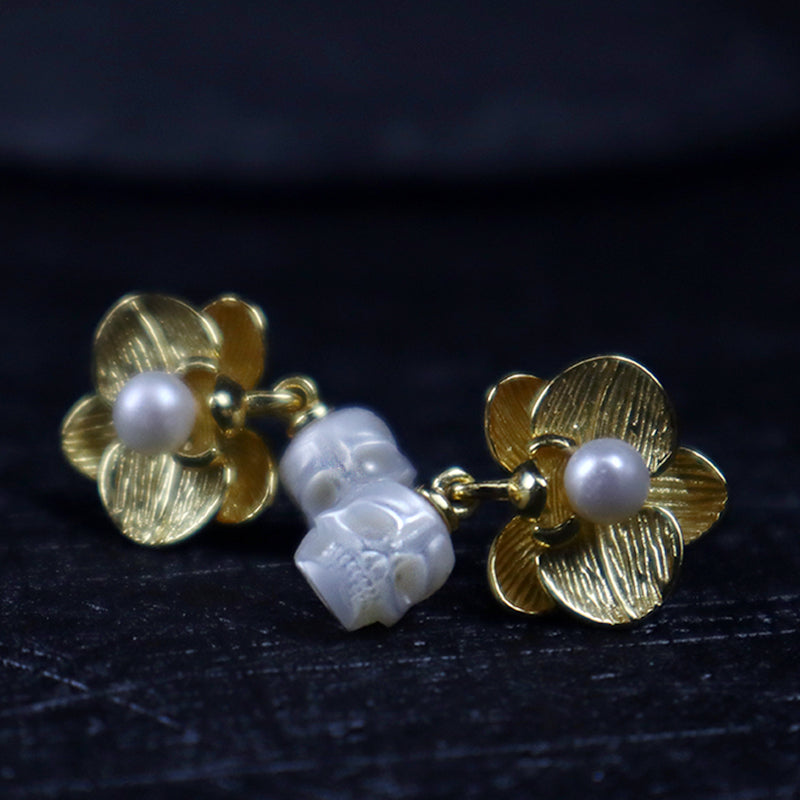 Phalaenopsis Pearl Skull Stud Earrings