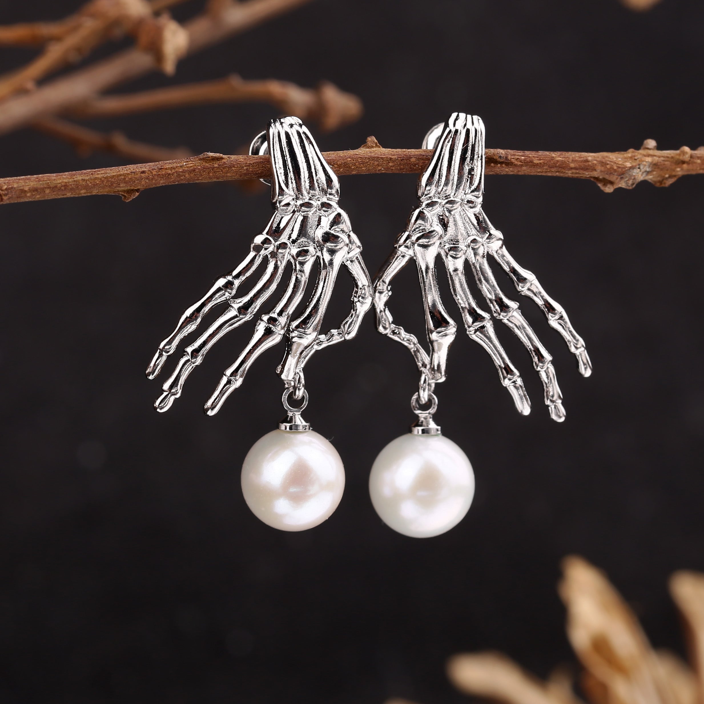 Punk Skeleton Hand Pearl Dangle Earrings