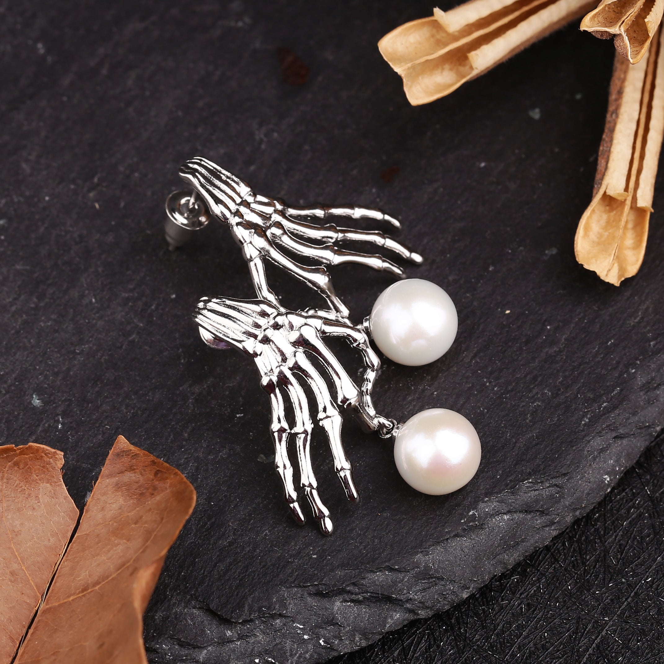 Punk Skeleton Hand Pearl Dangle Earrings