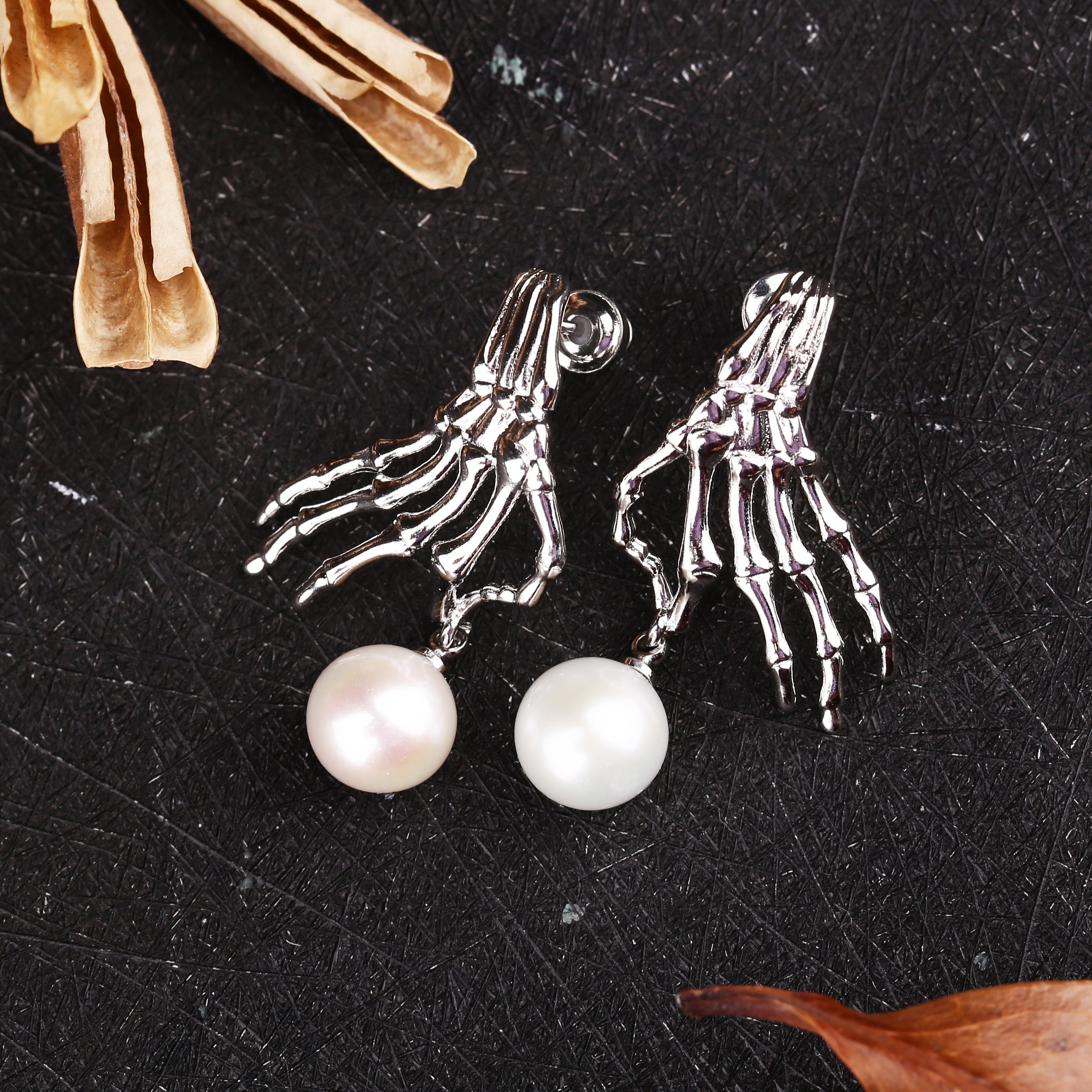 Punk Skeleton Hand Pearl Dangle Earrings
