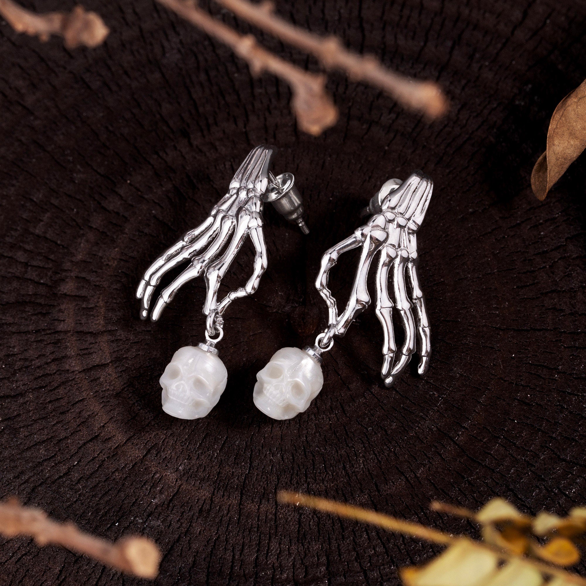 Punk Skeleton Hand Pearl Skull Dangle Earrings