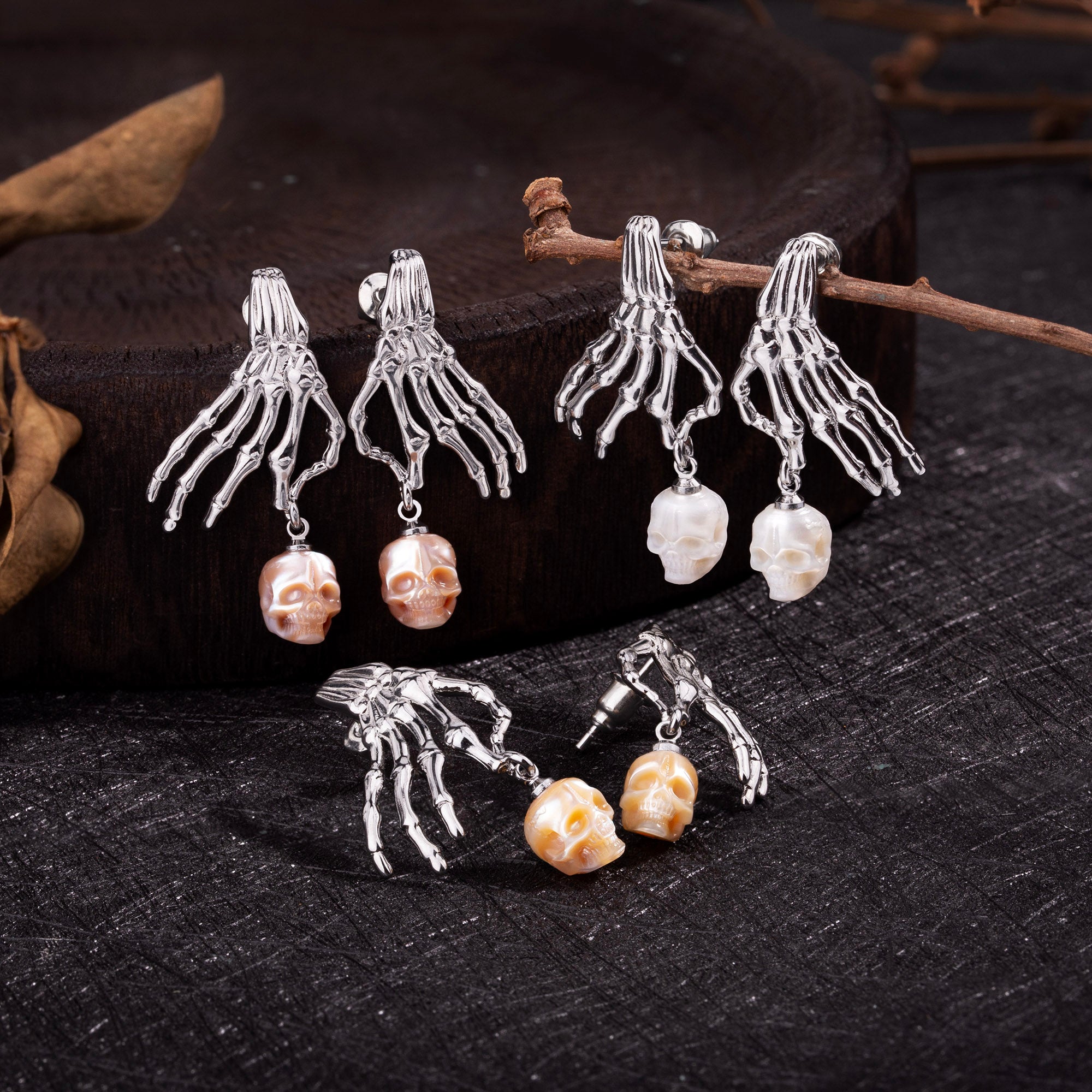 Punk Skeleton Hand Pearl Skull Dangle Earrings