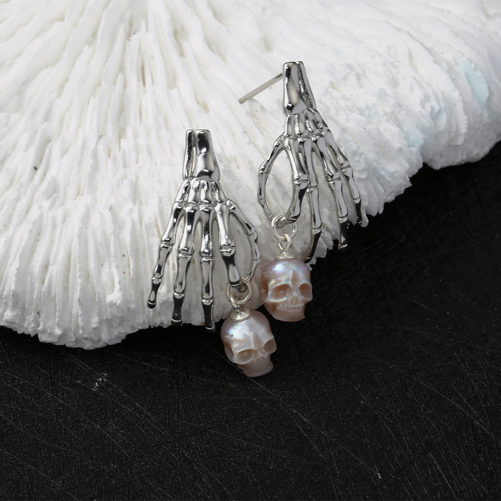 Punk Skeleton Hand Pearl Skull Dangle Earrings