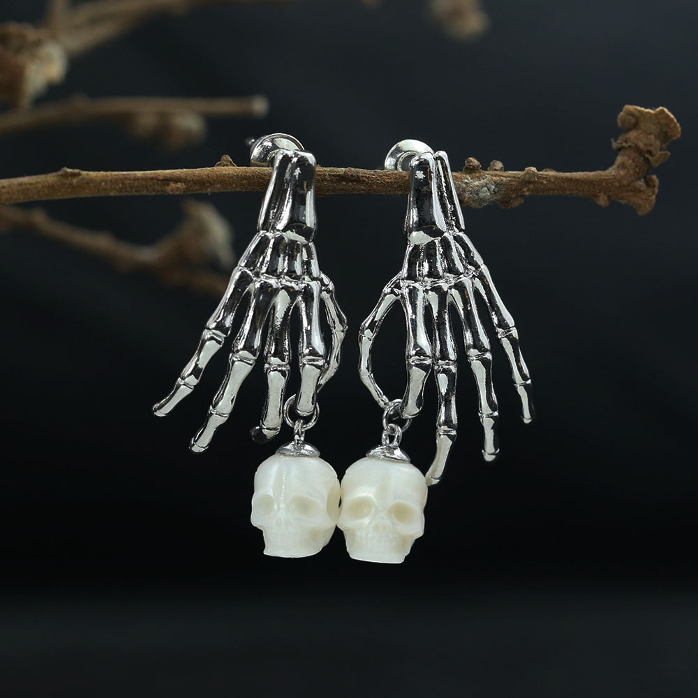 Punk Skeleton Hand Pearl Skull Dangle Earrings