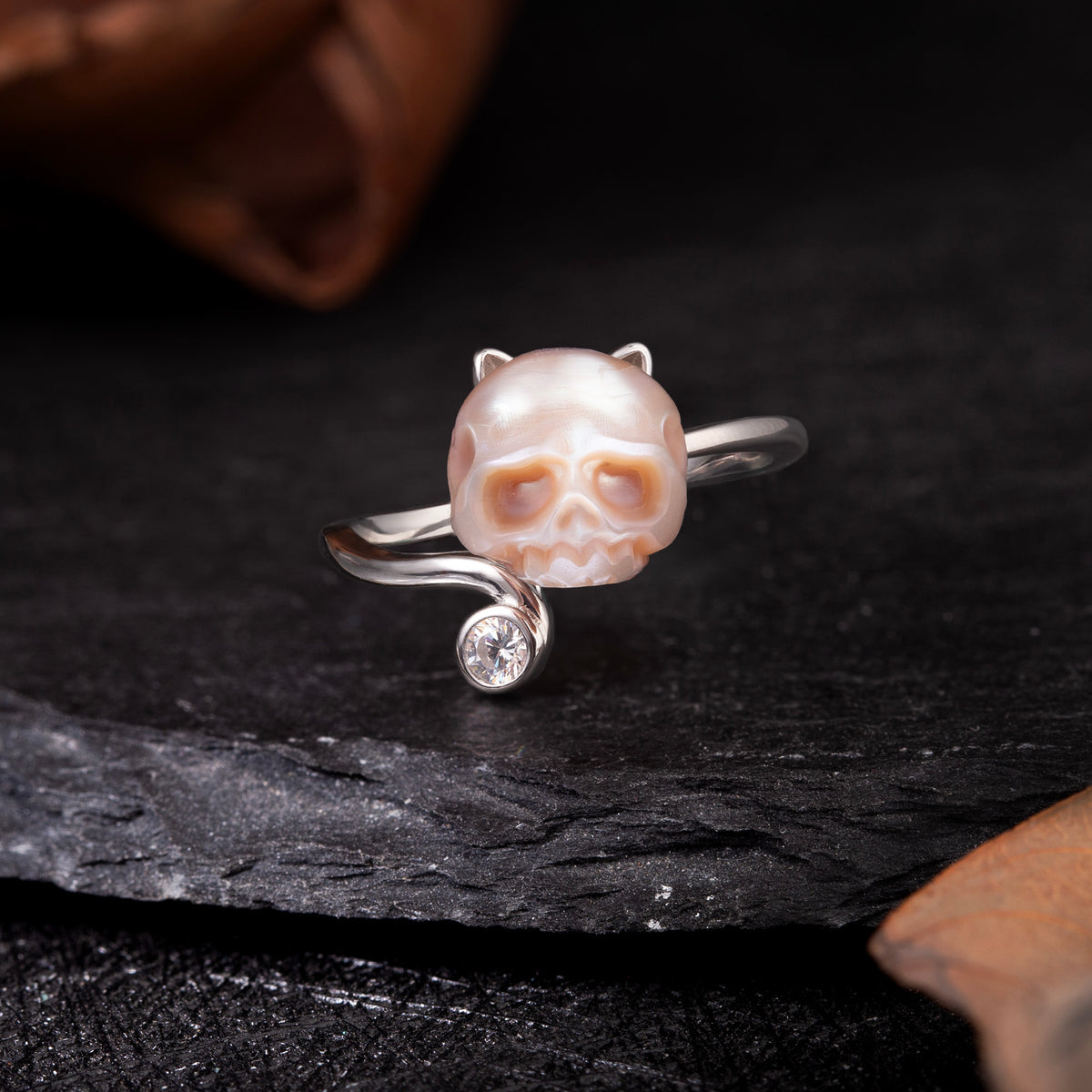 Cubic Zirconia Pearl Skull Cat Ring