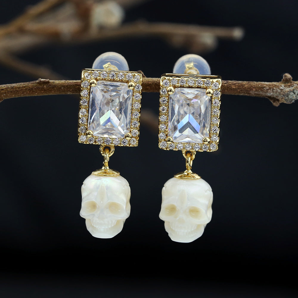 Radiant CZ Halo Pearl Skull Earrings