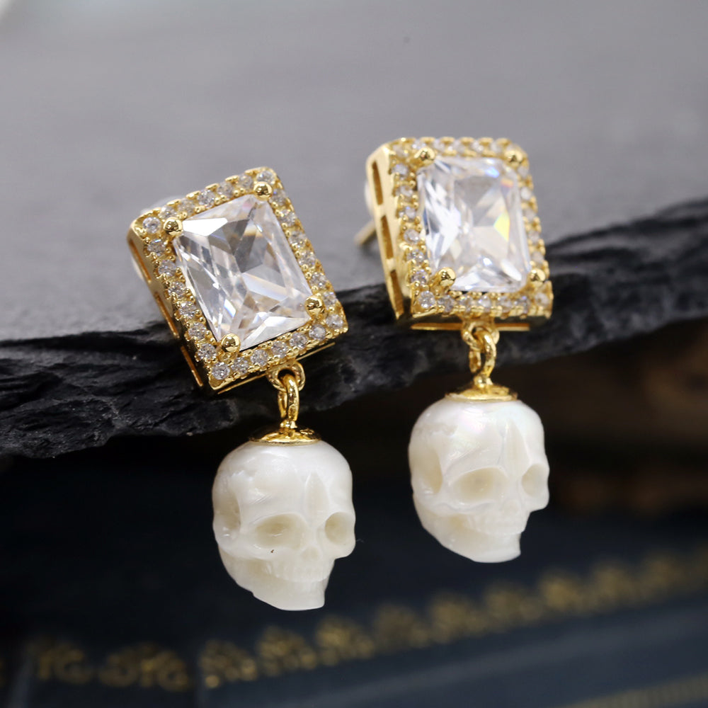 Radiant CZ Halo Pearl Skull Earrings