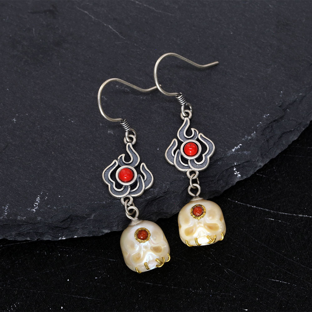 Red Flame Śmaśana Pearl Skull Earrings