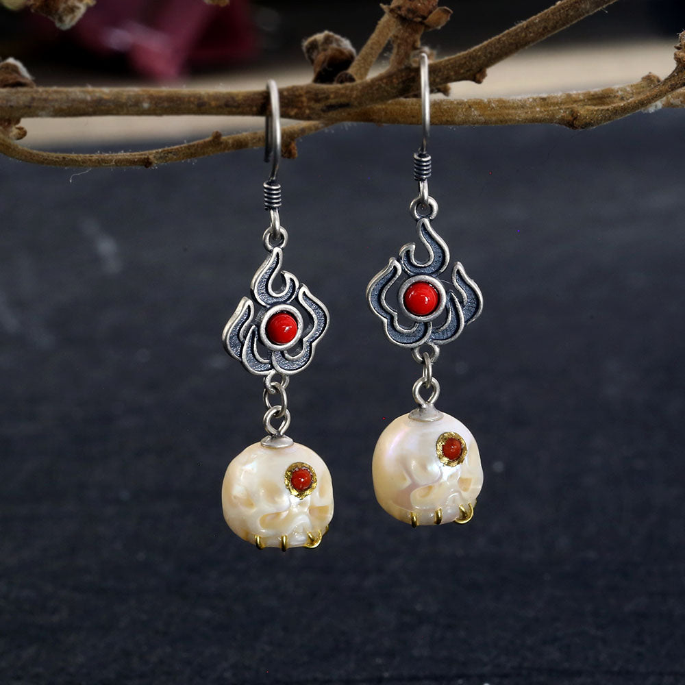 Red Flame Śmaśana Pearl Skull Earrings