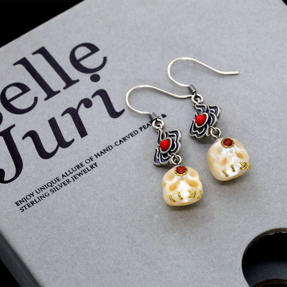 Red Flame Śmaśana Pearl Skull Earrings