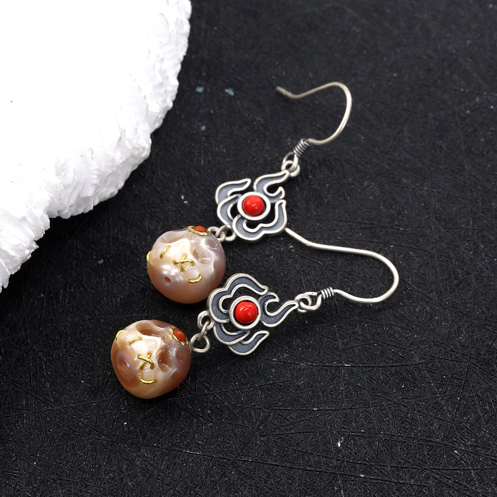 Red Flame Śmaśana Pearl Skull Earrings