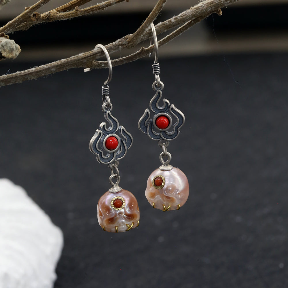 Red Flame Śmaśana Pearl Skull Earrings