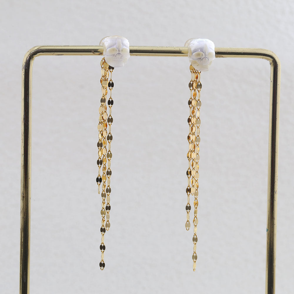 Refined Long Tassel Pearl Skull Earrings