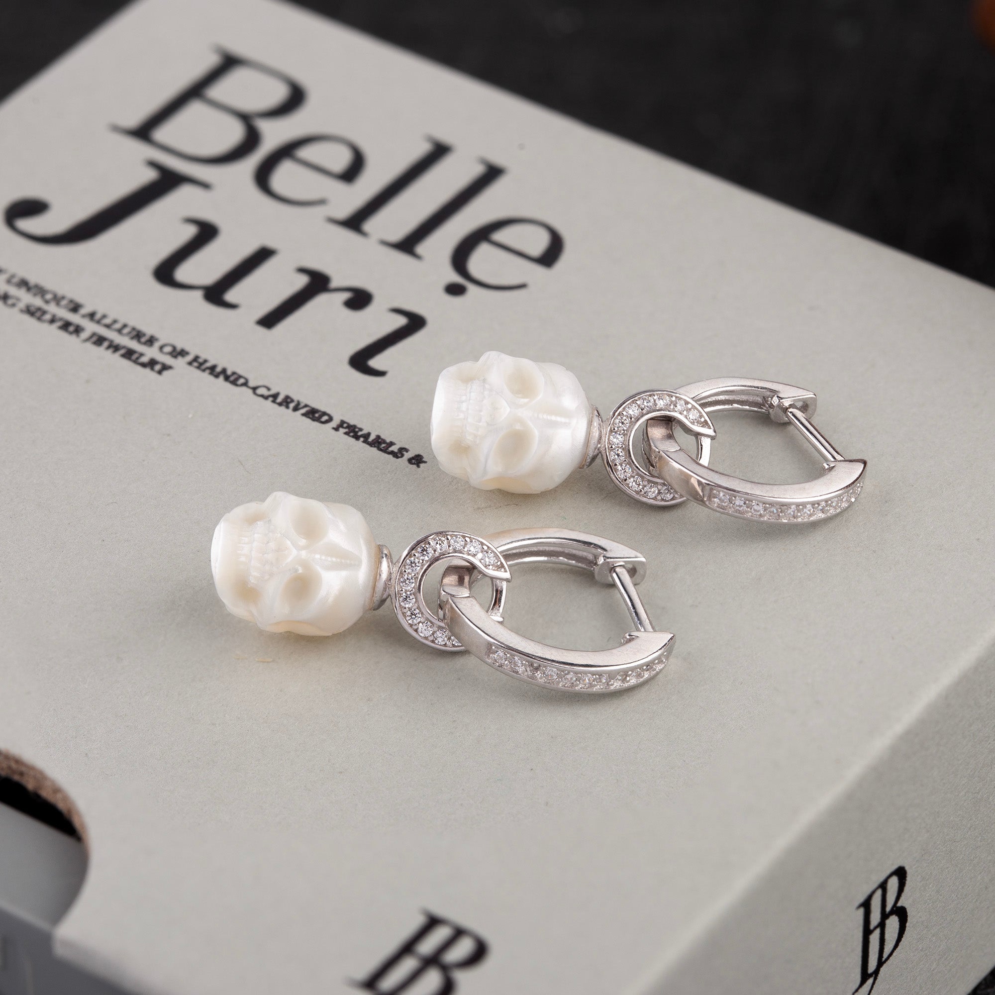 Silver Hoop U-Shaped Zircon Skull Pendant Earrings