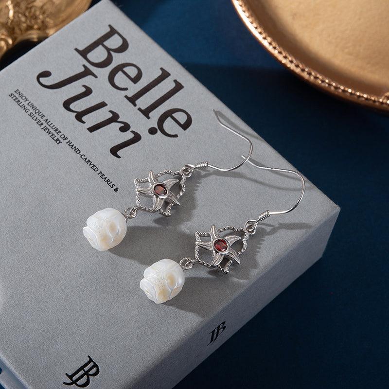 Starfish Amber Stone Pearl Skull Earrings - Belle Juri