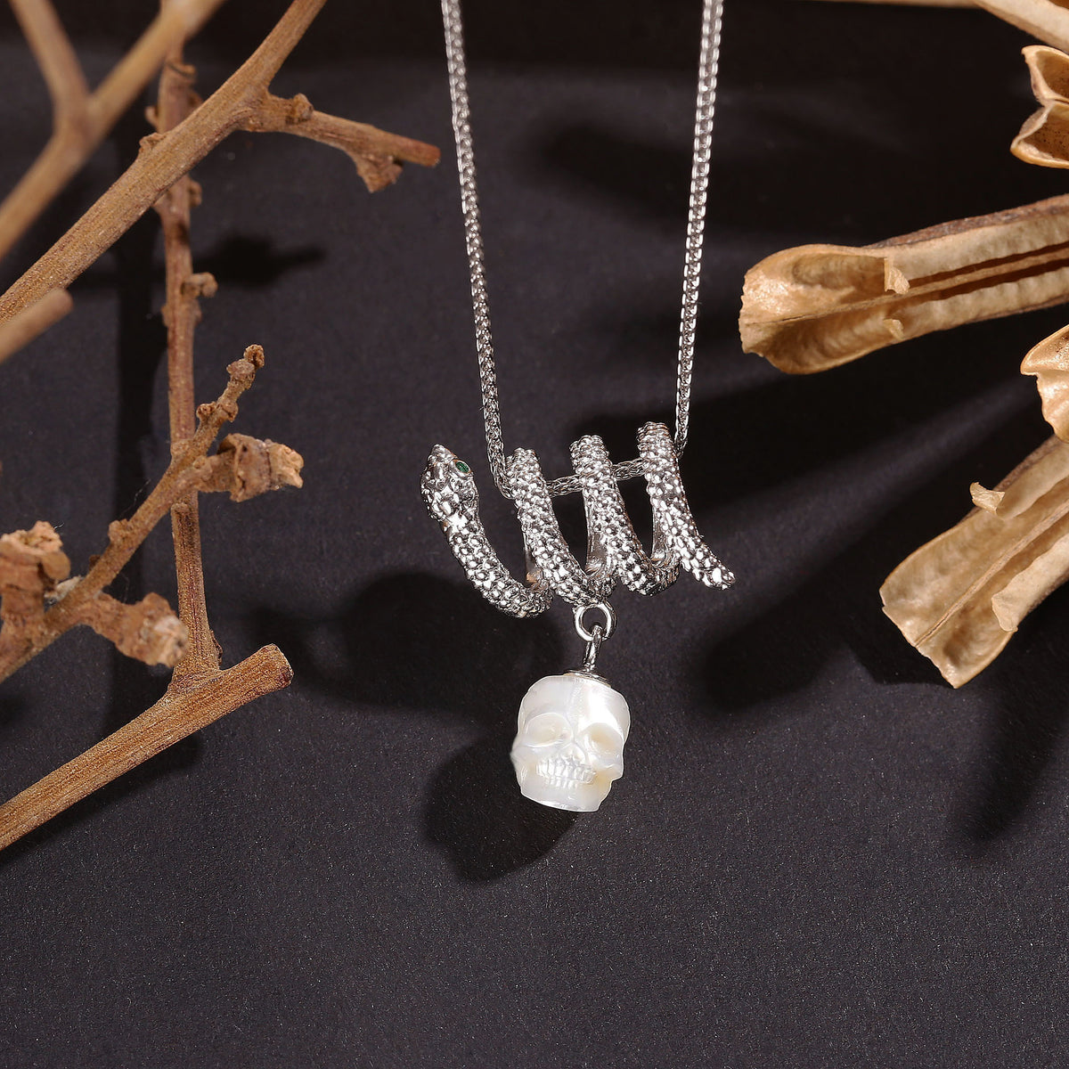 Serpent Coil Skull Pearl Pendant Necklace