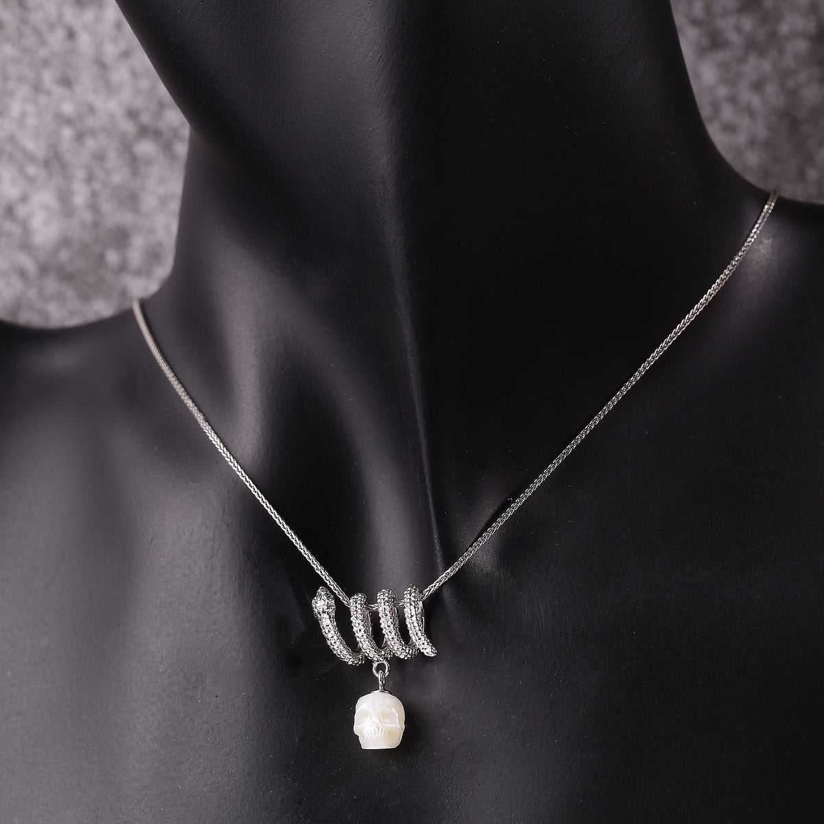 Serpent Coil Skull Pearl Pendant Necklace
