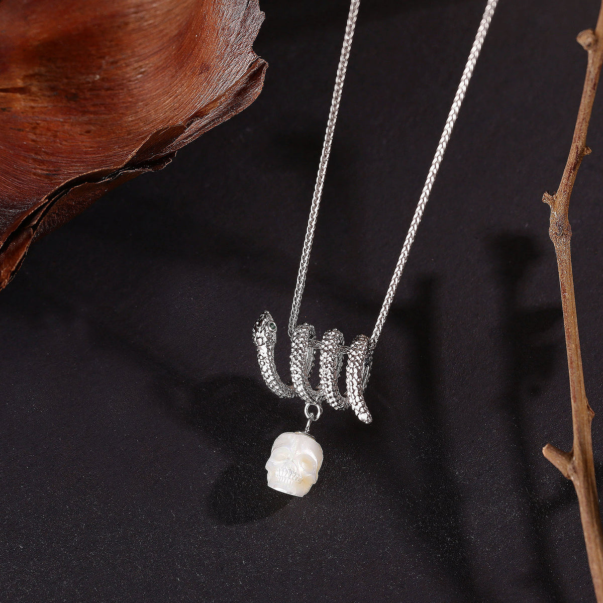 Serpent Coil Skull Pearl Pendant Necklace