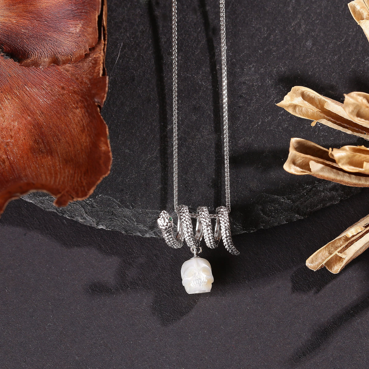 Serpent Coil Skull Pearl Pendant Necklace