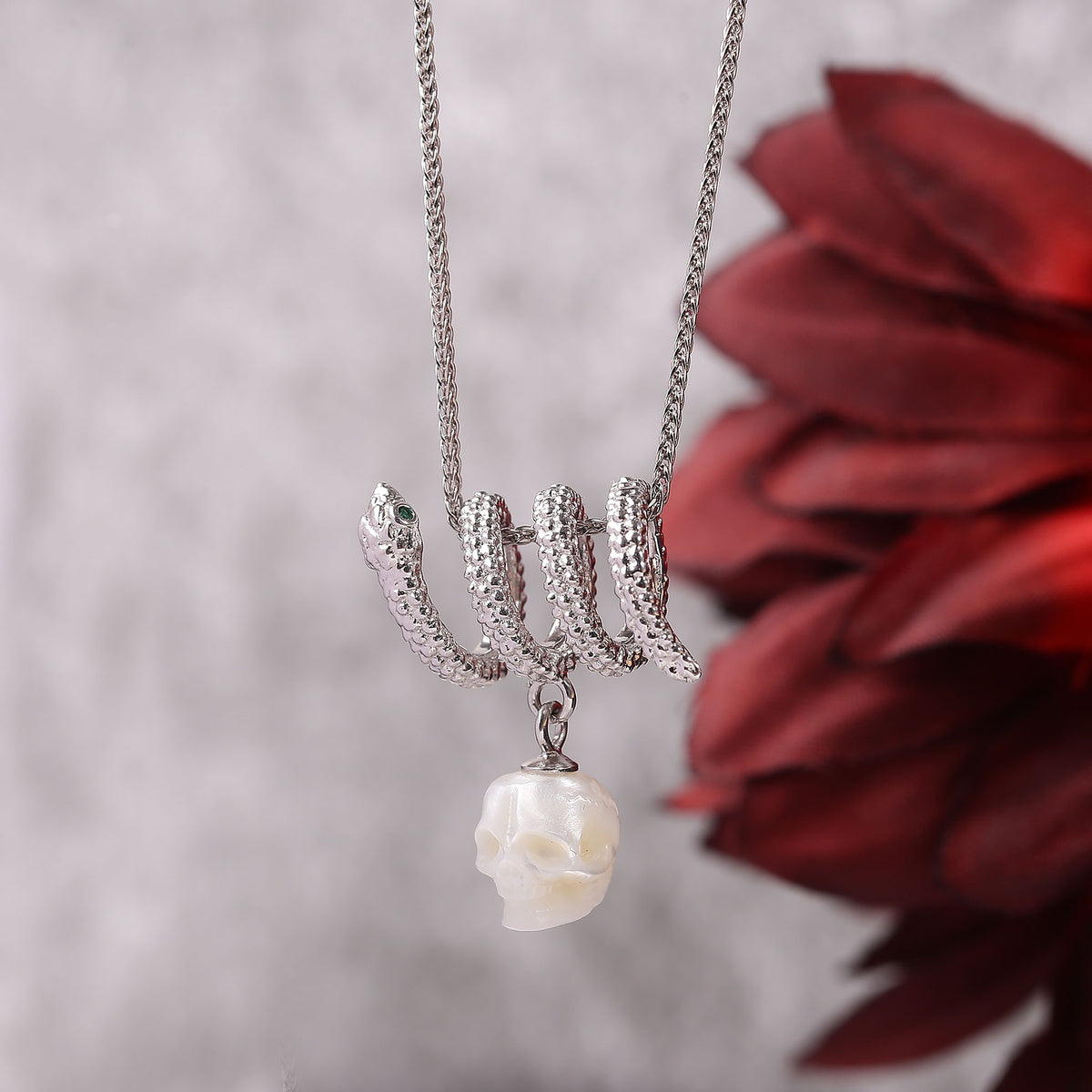 Serpent Coil Skull Pearl Pendant Necklace